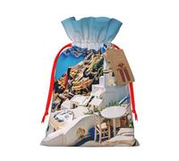 Santorini Sacs de Noël réutilisables avec cordon de serrage Motif île grecque avec vue sur la mer et ruban rouge Taille S