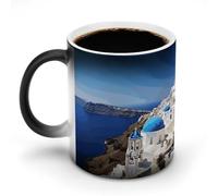Santorini - Tasse à café fantaisie en céramique à changement de chaleur avec vue sur la mer sur l'île grecque, tasse à thé personnalisée, 325 ml, pour boissons chaudes et froides, maison, bureau, fête