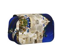 Santorini - Trousse à crayons double couche à rabat avec motif île grecque, grande capacité pour 50 stylos, support de papeterie en polyester durable pour l'école, les voyages artistiques (imprimé