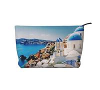 Santorini Trousse de maquillage élégante en velours côtelé imprimé île grecque avec vue sur la mer pour voyage et usage quotidien, Noir , Taille unique, Trousse de maquillage