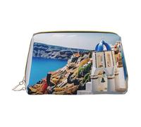 Santorini Trousse de maquillage imprimée île grecque avec vue sur la mer pour femme et maman, petite trousse de maquillage de voyage en cuir PVC, cadeau mignon, trousse de toilette avec fermeture