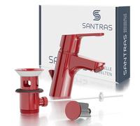 SANTRAS Robinet de lavabo pour salle de bain avec bonde excentrique et tige de traction rouge (RAL 3003) - Mitigeur monocommande chaud froid pour un trou de lavabo fabriqué en Allemagne