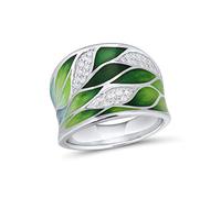 Santuzza Bague en forme de feuilles de bambou en argent sterling 925 et oxyde de zirconium fait à la main pour femme, Émail, Oxyde de Zirconium