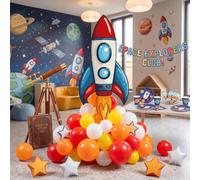 Sanwuta Kit de 81 décorations de fête en forme de fusée spatiale, fournitures de fête d'anniversaire astronaute, découpes en carton avec ballons en latex mat pour décorations de foire scientifique