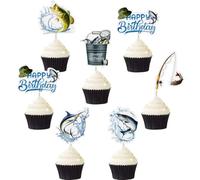 SANYUANHE 24 Pièces Decoration Gateau Anniversaire Pêche,Joyeux Anniversaire，Décoration de Gâteau Cupcake Topper，Fishing Happy Birthday Décoration，Pêcheur Pêche décoration de gâteau coloré
