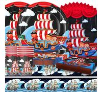 SANYUANHE 61 Pièces Pirate Ensemble de Vaisselle,Pirate Kit Anniversaire Pour 20 Personnes,Anniversaire Enfant Pirate,Trésor de Pirate,Nappe Assiette Tasse Serviette Papier