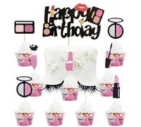 SANYUANHE Décoration de Gâteau Anniversaire de Cosmétiques,17 Pièces de Maquillage, Rouge à lèvres, Cils Joyeux Anniversaire,Cupcake Toppers,Décoration de Gâteau,Bridal shower Girls birthday party