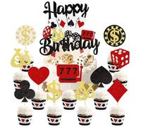SANYUANHE Décorations de gâteau de Casino,21 Pièces Cupcake Toppers de Las Vegas,Décoration de Gâteau de Poker,Happy Birthday Casino Theme,Fournitures de fête de Casino