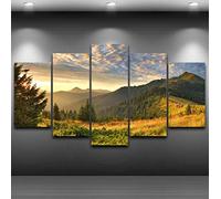 Sanzx Impression HD sur toile 5 pièces - Décoration d'intérieur - Coucher de soleil, montagne, nuages - Paysage vert - Affiche murale modulaire - Sans cadre - 30 x 40 x 2 - 30 x 60 x 2 - 30 x 80 cm