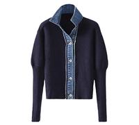 SaoBiiu Automne Hiver Tricoté Femme Pull Couture Denim Veste Femme Faux Deux Pièces Haut navy L