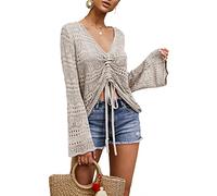 Saodimallsu Femmes Boho Hors Épaule Sheer Crop Tops Manches Cloche Flowy Oversize Crochet Ruché Pulls Pull Gris