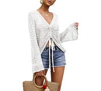 Saodimallsu Femmes Boho Hors Épaule Sheer Crop Tops Manches Cloche Flowy Oversize Crochet Ruché Pulls Pulls Blanc