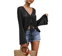 Saodimallsu Femmes Boho Hors Épaule Sheer Crop Tops Manches Cloche Flowy Oversize Crochet Ruché Pulls Pulls Noir