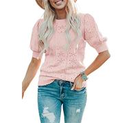 Saodimallsu Femmes Été Mignon Lanterne Courte Manches Ras Du Cou Dot Décontracté Pull En Tricot Chandails Chemisier Bleu