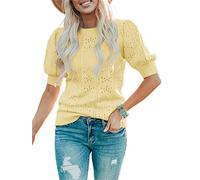 Saodimallsu Femmes Été Mignon Lanterne Courte Manches Ras Du Cou Dot Décontracté Pull En Tricot Chandails Chemisier Bleu