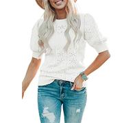Saodimallsu Femmes Été Mignon Lanterne Courte Manches Ras Du Cou Dot Décontracté Pull En Tricot Chandails Chemisier Bleu