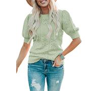 Saodimallsu Femmes Été Mignon Lanterne Courte Manches Ras Du Cou Dot Décontracté Pull En Tricot Chandails Chemisier Bleu