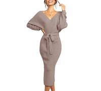 Saodimallsu Pull élégant avec col en V et ailes de chauve-souris avec ceinture, café, M