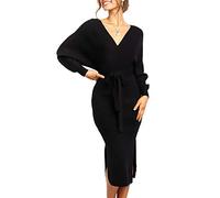 Saodimallsu Robe pull à col en V pour femme - Manches longues - Pull fente - Dos ouvert - Robe moulante avec ceinture - Pour l'automne et l'hiver, Noir , XL