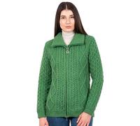 SAOL 100 % laine mérinos, motif tressé, veste bomber pour femme avec fermeture éclair, vert, L