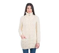 SAOL Aran Cardigan zippé pour femme - 100% laine mérinos irlandaise avec poches et col surélevé - Marron - XX-Large