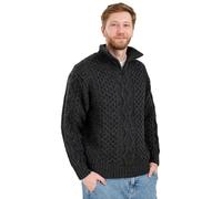 SAOL Aran Pull pour homme en laine avec col zippé fabriqué en Irlande, charbon, Taille M