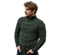 SAOL Aran Pull pour homme en laine avec col zippé fabriqué en Irlande, vert militaire, Taille S