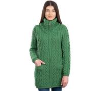 SAOL Cardigan à fermeture Éclair pour femme 100 % laine mérinos irlandaise avec poches et col montant - Vert - Taille M