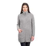 SAOL Cardigan à fermeture Éclair pour femme 100 % laine mérinos irlandaise avec poches et col montant - Gris - Taille S