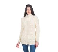 SAOL - Cardigan en maille torsadée 100% laine mérinos pour femme avec fermeture éclair intégrale irlandaise - Marron - Taille S