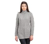 SAOL - Cardigan en maille torsadée 100% laine mérinos pour femme avec fermeture éclair intégrale irlandaise - Gris - XX-Large