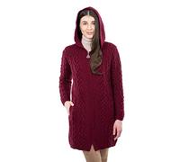 SAOL Cardigan Irlandais Aran 100% Laine mérinos pour Femme avec Poches, Capuche et Fermeture éclair Celtique, Bordeaux