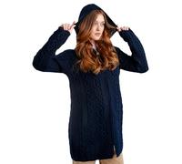 SAOL Cardigan Irlandais Aran 100% Laine mérinos pour Femme avec Poches, Capuche et Fermeture éclair Celtique, Bleu Marine, Taille S