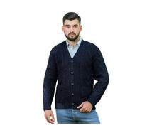 SAOL Cardigan Irlandais en Tricot torsadé Aran pour Homme 100% Laine mérinos avec col en V, Boutons et Poches, Marine