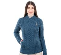 SAOL Cardigan Irlandais pour Femme 100% Laine mérinos Irlandaise avec Fermeture éclair, Bleu Sarcelle, Taille M