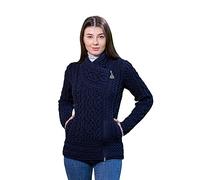 SAOL Cardigan Irlandais pour Femme 100% Laine mérinos Irlande Pull en Tricot avec Fermeture éclair - Bleu - Taille XS