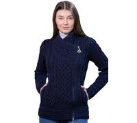 SAOL Cardigan Irlandais pour Femme 100% Laine mérinos Irlande Pull en Tricot avec Fermeture éclair - Bleu - Taille S