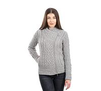 SAOL Cardigan Irlandais pour Femme 100% Laine mérinos Irlande Pull en Tricot avec Fermeture éclair - Gris - Taille S