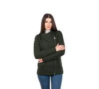 SAOL Cardigan Irlandais pour Femme fabriqué en 100% Laine mérinos Irlande Pull torsadé Veste zippée, Vert Armée