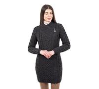 SAOL Cardigan irlandais pour femme Irlande Pull long avec poches et fermeture éclair celtique 100% laine mérinos, anthracite, XXL