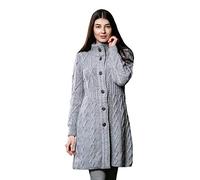 SAOL Cardigan Long 100% Laine mérinos Aran Cable pour Femme avec Boutons nœud Celtique - Gris - Taille M