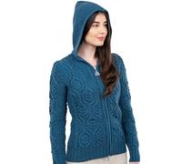 SAOL Cardigan pour femme en 100 % laine mérinos avec capuche et fermeture éclair, bleu-vert, L