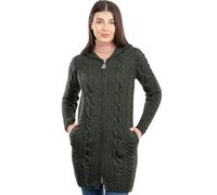 SAOL Chandail en laine 100 % mérinos irlandaise avec capuche et fermeture éclair, tricoté en style Aran, vert militaire, Taille M