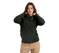 SAOL Pull 100 % laine mérinos Aran Fisherman Celtic avec demi-fermeture éclair pour femme, Vert armée., S