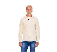SAOL Pull à col châle irlandais 100 % laine mérinos avec un bouton pour homme, en nature/bleu atlantique/vert Connemara, naturel, M