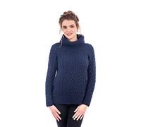 SAOL Pull Aran Irlandais, à col cheminée, 100% Laine mérinos, pour Femmes, en Gris/Vert, Bleu Marine, M