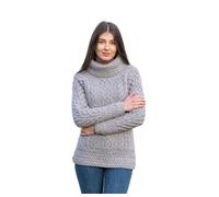 SAOL Pull Aran Irlandais, à col cheminée, 100% Laine mérinos, pour Femmes, en Gris/Vert, Gris, XXL
