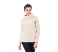 SAOL Pull Aran Irlandais, à col cheminée, 100% Laine mérinos, pour Femmes, en Gris/Vert, Naturel, M