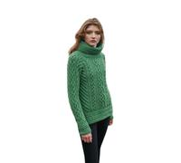 SAOL Pull Aran Irlandais, à col cheminée, 100% Laine mérinos, pour Femmes, en Gris/Vert, Vert, S