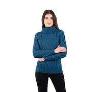 SAOL Pull celtique Aran Fisherman 100 % laine mérinos avec demi-fermeture éclair pour femme, bleu-vert, S
